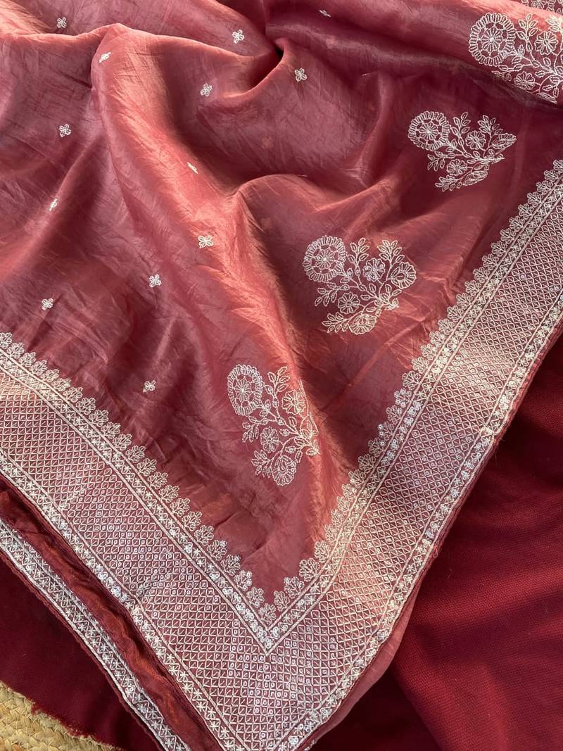 Peach Color  embroidery And sequins Work Silk Blend Saree