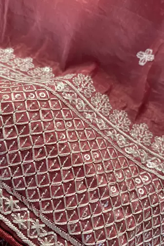 Peach Color  embroidery And sequins Work Silk Blend Saree
