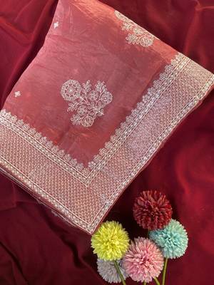 Peach Color  embroidery And sequins Work Silk Blend Saree 3