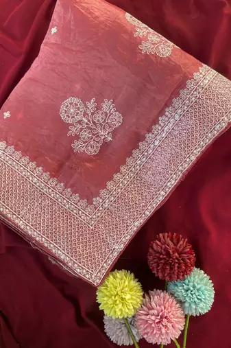 Peach Color  embroidery And sequins Work Silk Blend Saree