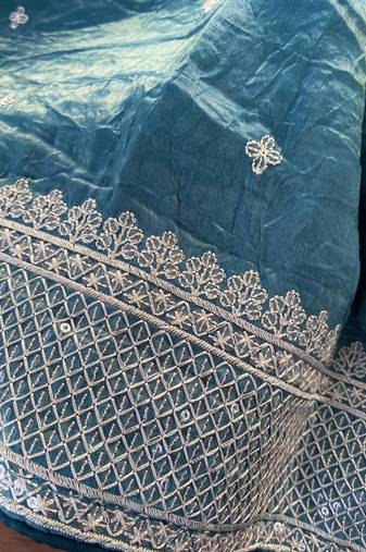 Teal Color  embroidery And sequins Work Silk Blend Saree