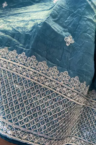 Teal Color  embroidery And sequins Work Silk Blend Saree