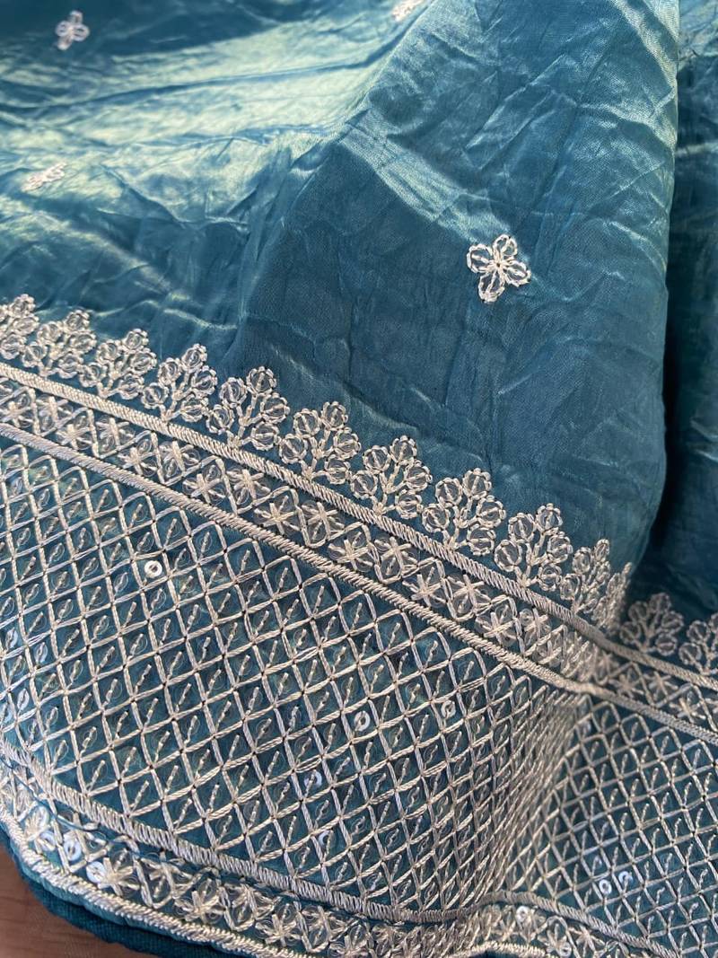 Teal Color  embroidery And sequins Work Silk Blend Saree