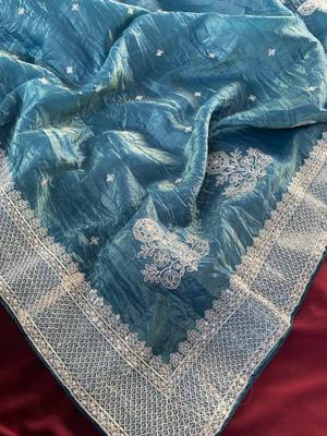 Teal Color  embroidery And sequins Work Silk Blend Saree 2