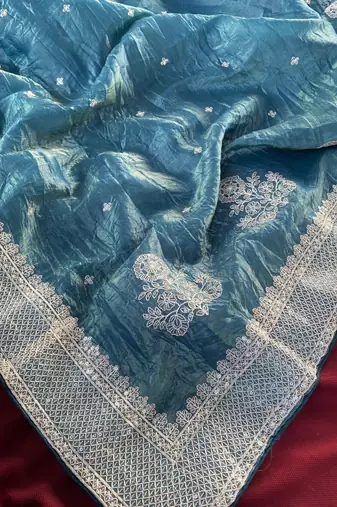 Teal Color  embroidery And sequins Work Silk Blend Saree