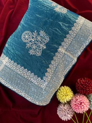 Teal Color  embroidery And sequins Work Silk Blend Saree 3