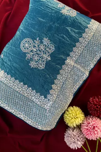 Teal Color  embroidery And sequins Work Silk Blend Saree