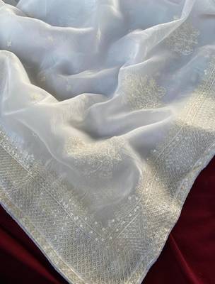 white Color  embroidery And sequins Work Silk Blend Saree 1