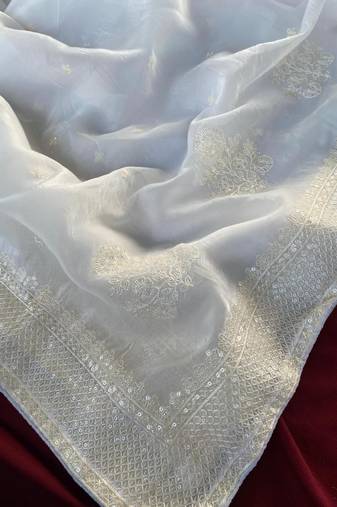 white Color  embroidery And sequins Work Silk Blend Saree