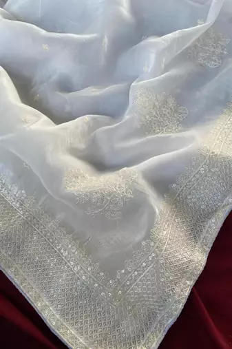 white Color  embroidery And sequins Work Silk Blend Saree
