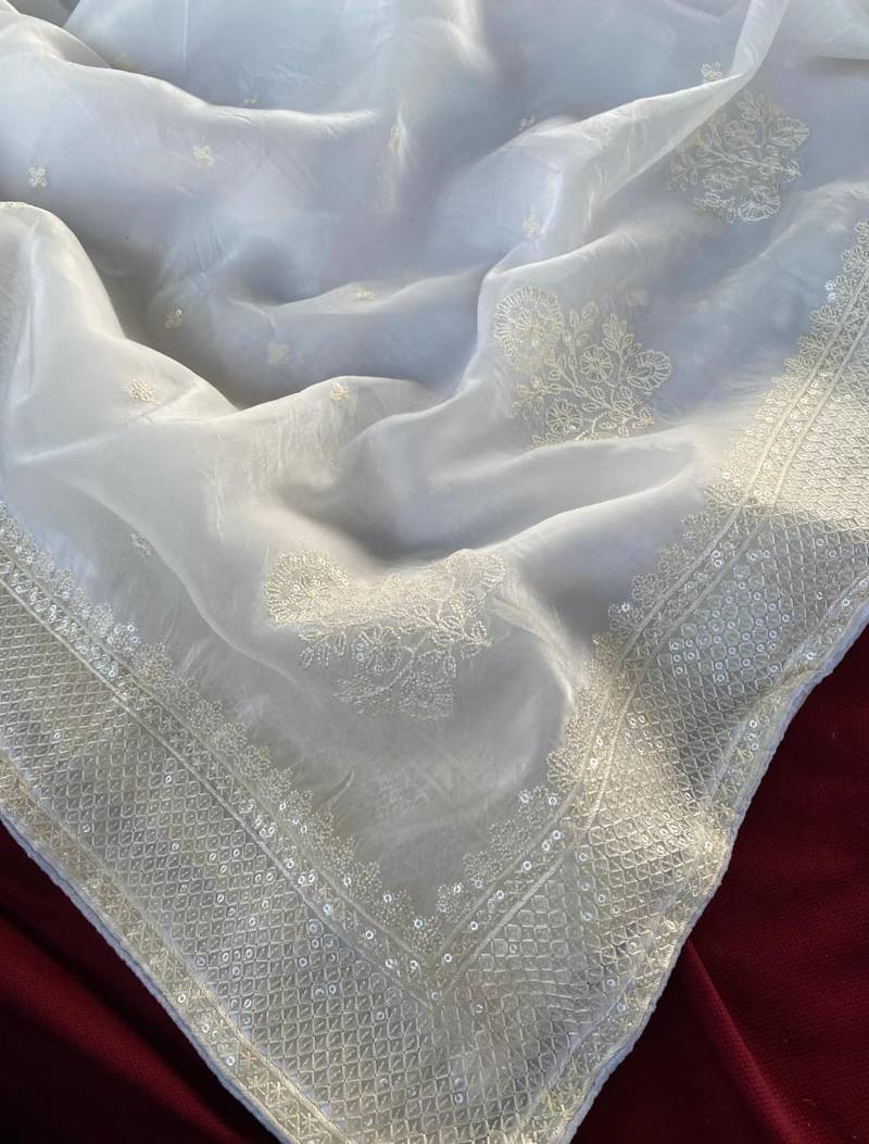 white Color  embroidery And sequins Work Silk Blend Saree