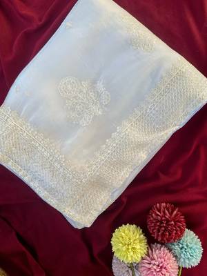 white Color  embroidery And sequins Work Silk Blend Saree 3