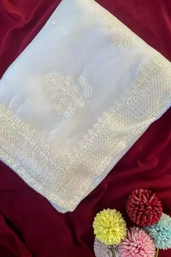 white Color  embroidery And sequins Work Silk Blend Saree