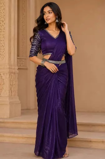 purple ready to wear saree with sequence embroidered stitched blouse & belt stitched shoulder pleats saree.