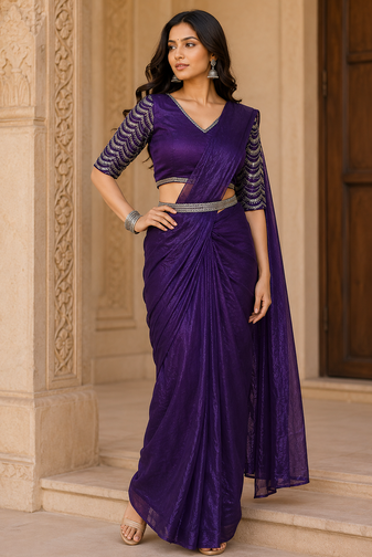 purple ready to wear saree with sequence embroidered stitched blouse & belt stitched shoulder pleats saree.