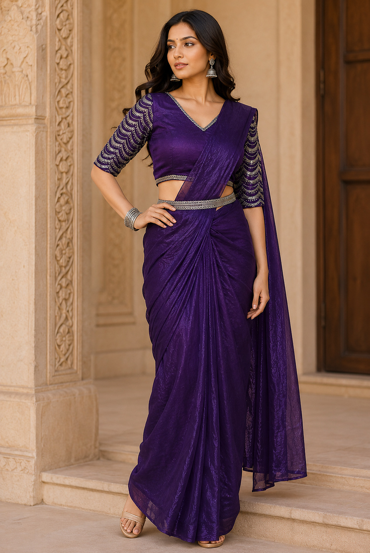 purple ready to wear saree with sequence embroidered stitched blouse & belt stitched shoulder pleats saree.