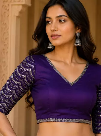 purple ready to wear saree with sequence embroidered stitched blouse & belt stitched shoulder pleats saree.