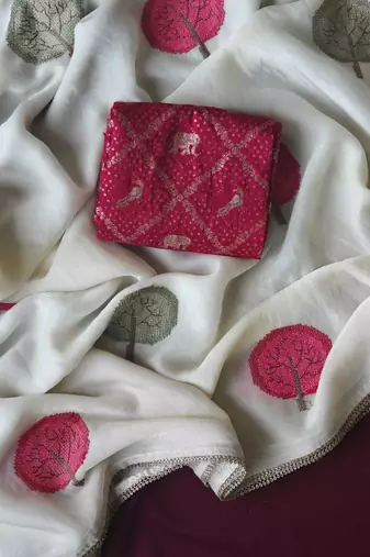 White Color mottifs embroidory Work georgate Saree
