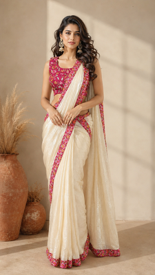 cream ready to wear saree with pink floral embroidered border & embroidered stitched blouse. 1