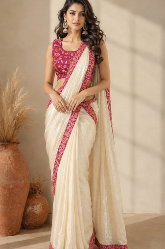 cream ready to wear saree with pink floral embroidered border & embroidered stitched blouse.