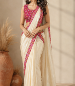 cream ready to wear saree with pink floral embroidered border & embroidered stitched blouse.