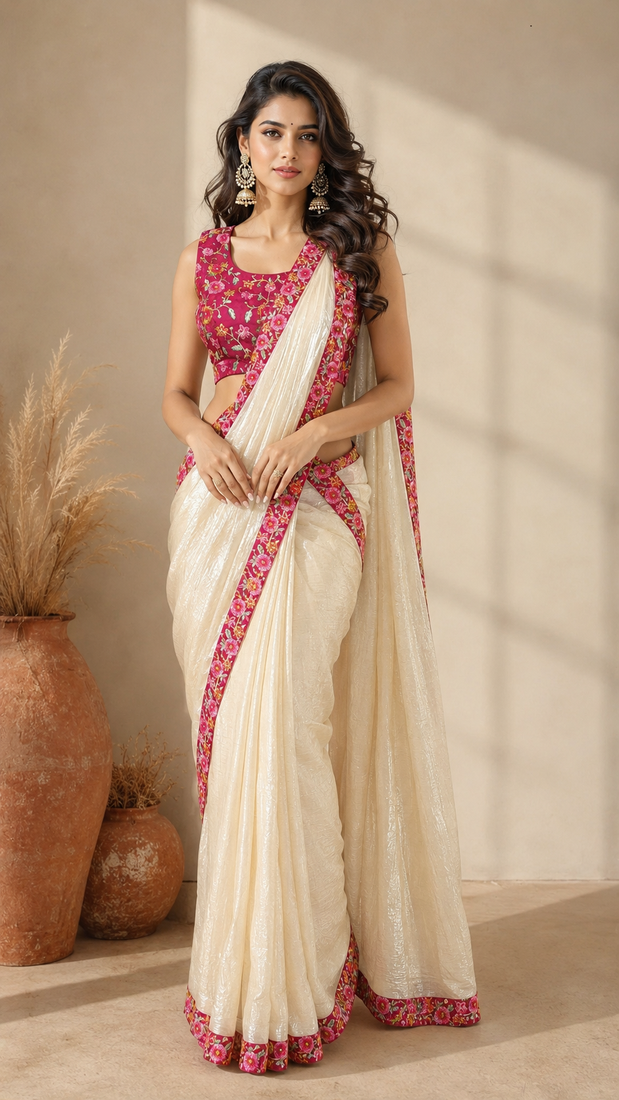 cream ready to wear saree with pink floral embroidered border & embroidered stitched blouse.