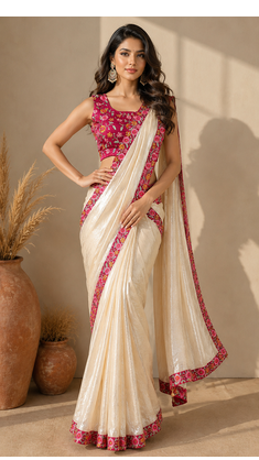 cream ready to wear saree with pink floral embroidered border & embroidered stitched blouse. 2