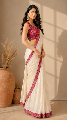 cream ready to wear saree with pink floral embroidered border & embroidered stitched blouse. 3