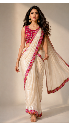 cream ready to wear saree with pink floral embroidered border & embroidered stitched blouse. 4