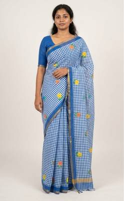 Blue linen gold piping digital print saree 1
