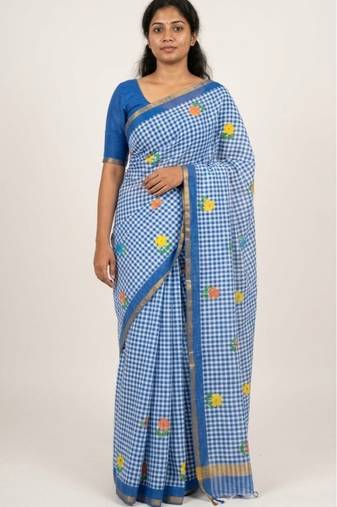 Blue linen gold piping digital print saree