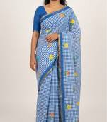 Blue linen gold piping digital print saree