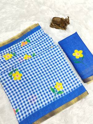 Blue linen gold piping digital print saree 2