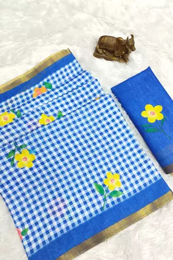 Blue linen gold piping digital print saree