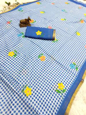 Blue linen gold piping digital print saree 3