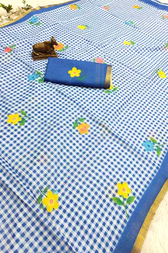 Blue linen gold piping digital print saree