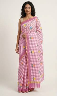 Lavender linen gold piping digital print saree 1
