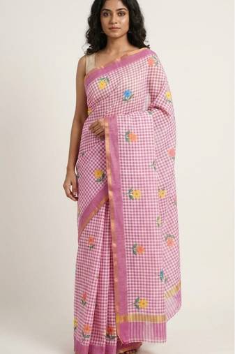 Lavender linen gold piping digital print saree