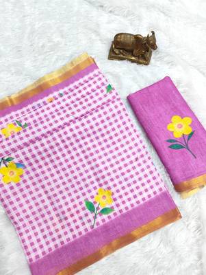 Lavender linen gold piping digital print saree 2