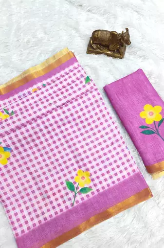 Lavender linen gold piping digital print saree