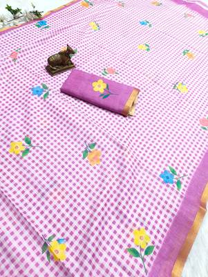 Lavender linen gold piping digital print saree 3