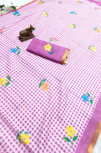 Lavender linen gold piping digital print saree