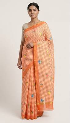 orange linen gold piping digital print saree 1