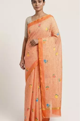 orange linen gold piping digital print saree