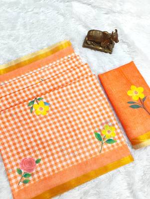 orange linen gold piping digital print saree 2