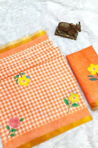 orange linen gold piping digital print saree