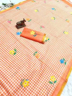 orange linen gold piping digital print saree 3