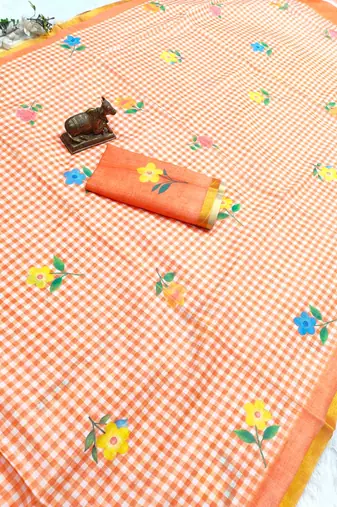 orange linen gold piping digital print saree