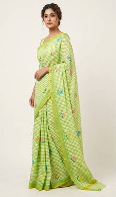 Green linen gold piping digital print saree 1