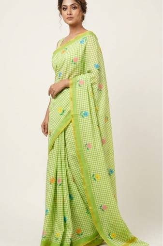 Green linen gold piping digital print saree